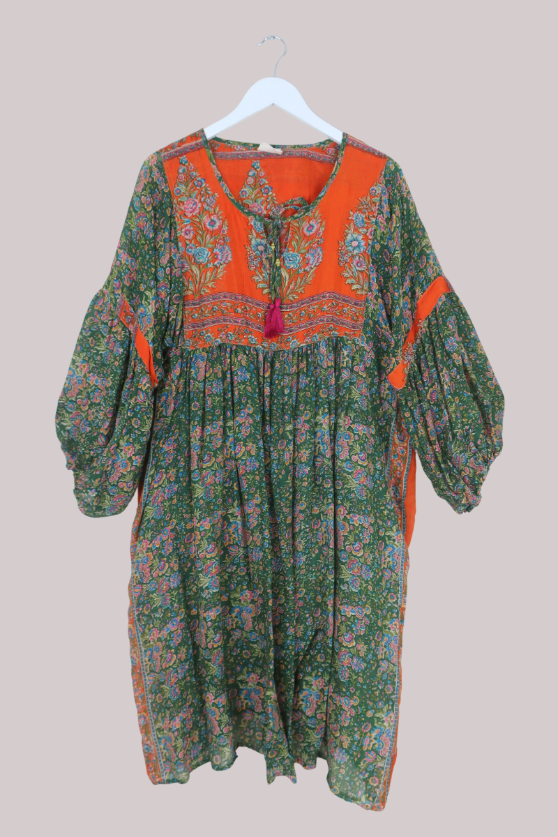 Daisy Vintage Cotton Midi Dress - Autumn Fields Green & Orange - Size XXL
