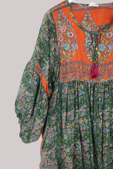 Daisy Vintage Cotton Midi Dress - Autumn Fields Green & Orange - Size XXL