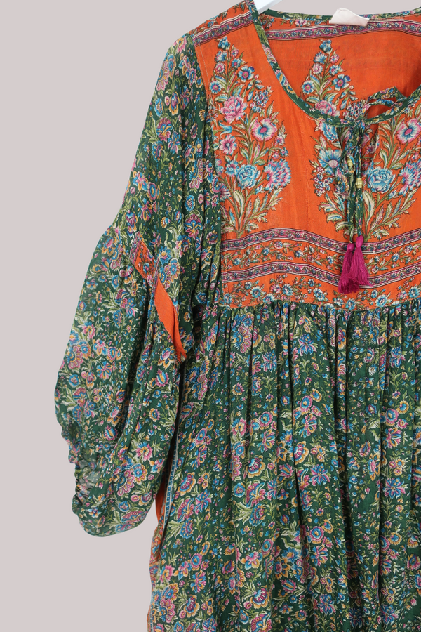 Daisy Vintage Cotton Midi Dress - Autumn Fields Green & Orange - Size XXL