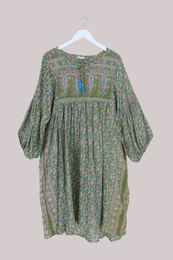 Daisy Vintage Cotton Midi Dress - Olive Green Flower Meadow - Size XXL