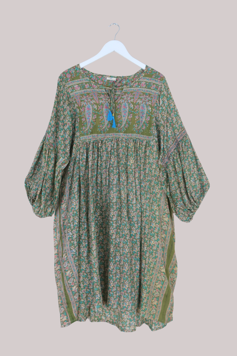 Daisy Vintage Cotton Midi Dress - Olive Green Flower Meadow - Size XXL