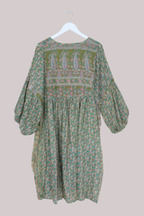 Daisy Vintage Cotton Midi Dress - Olive Green Flower Meadow - Size XXL