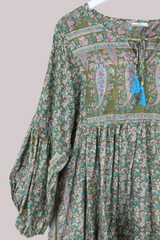 Daisy Vintage Cotton Midi Dress - Olive Green Flower Meadow - Size XXL