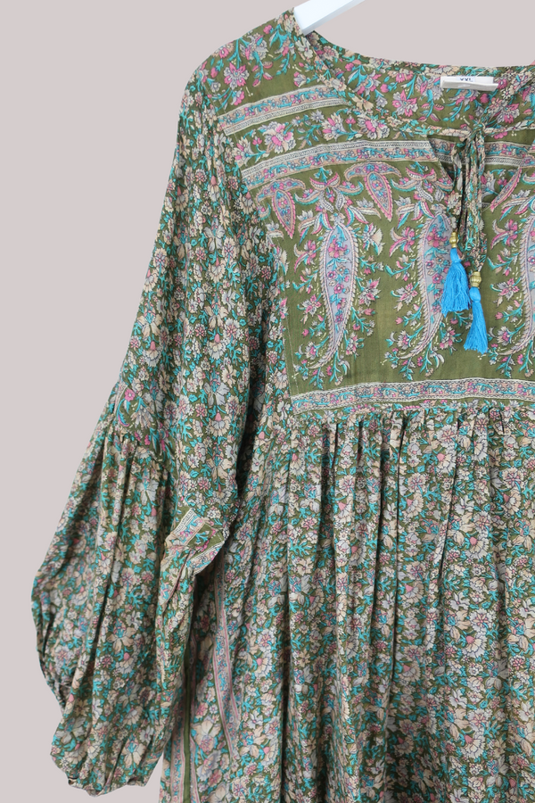 Daisy Vintage Cotton Midi Dress - Olive Green Flower Meadow - Size XXL