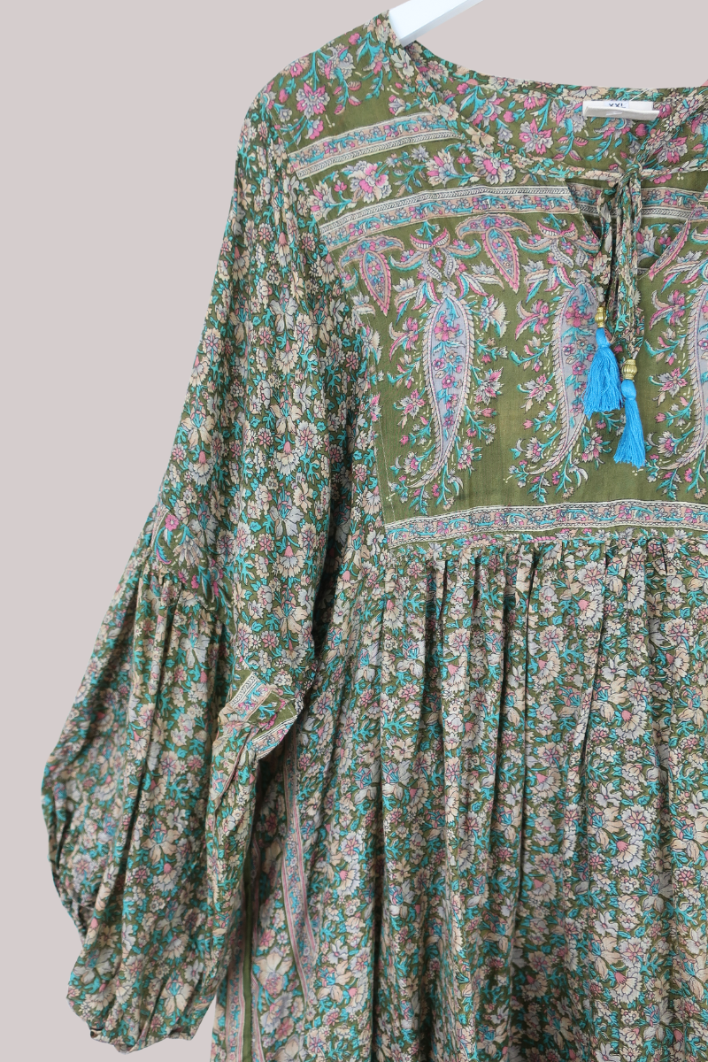 Daisy Vintage Cotton Midi Dress - Olive Green Flower Meadow - Size XXL