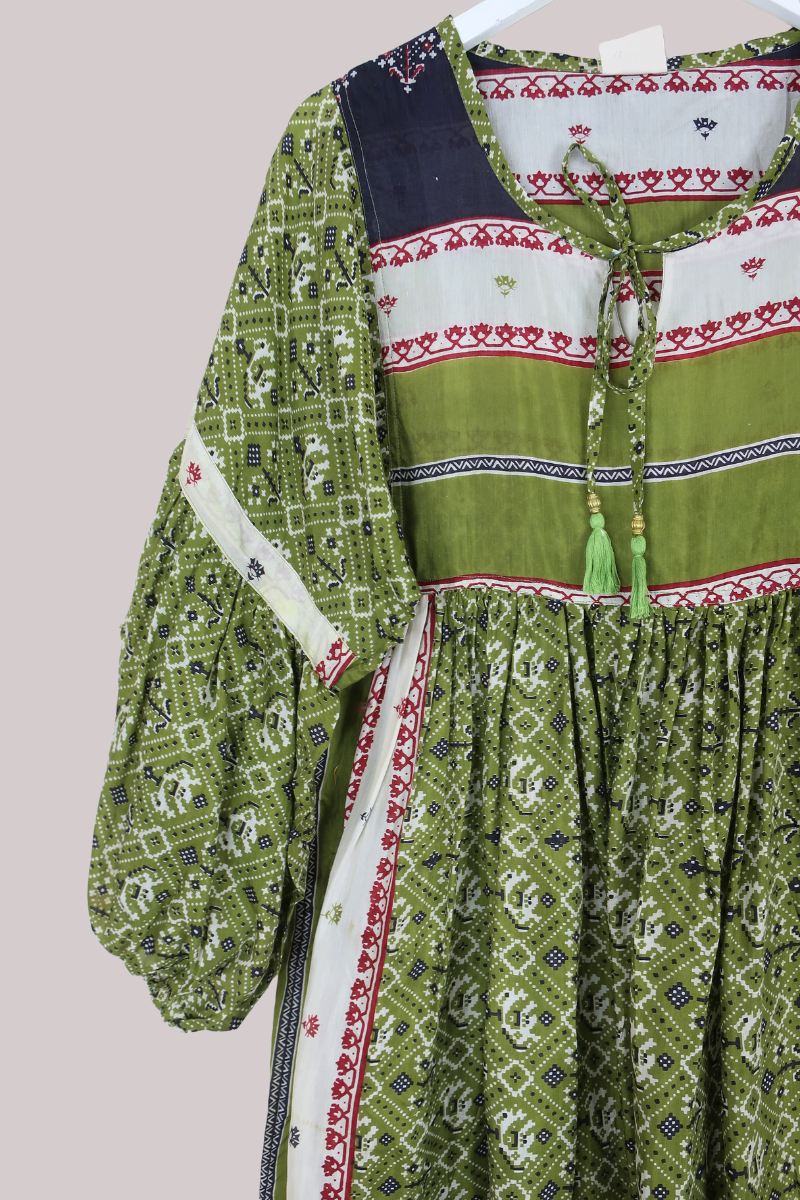 Daisy Vintage Cotton Maxi Dress - Tarragon Green Mosaic - Size XS