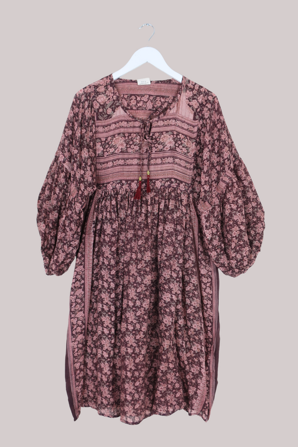 Daisy Vintage Cotton Midi Dress - Faded Plum Antique Floral - Size M/L