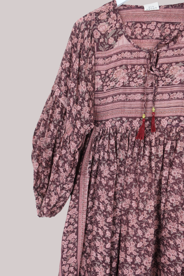 Daisy Vintage Cotton Midi Dress - Faded Plum Antique Floral - Size M/L