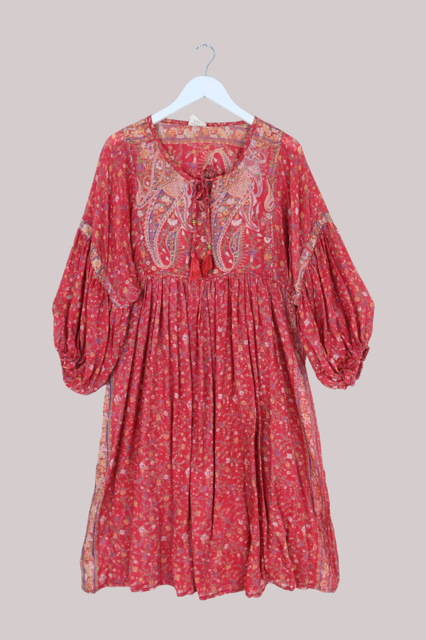 Daisy Vintage Cotton Midi Dress - Rose Hip Red Pretty Floral - Size M/L