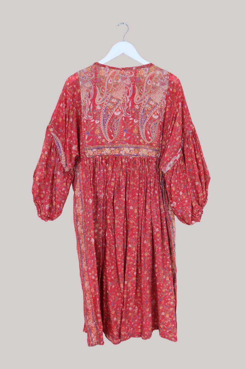 Daisy Vintage Cotton Midi Dress - Rose Hip Red Pretty Floral - Size M/L
