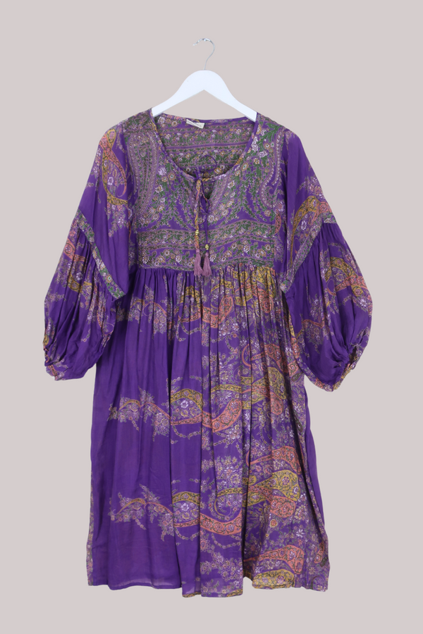 Daisy Vintage Cotton Midi Dress - Amethyst Purple Flower Crown Paisley - Size M/L