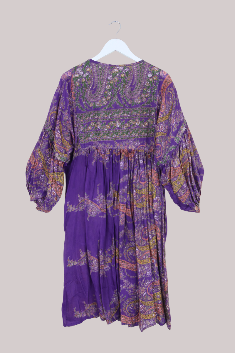 Daisy Vintage Cotton Midi Dress - Amethyst Purple Flower Crown Paisley - Size M/L