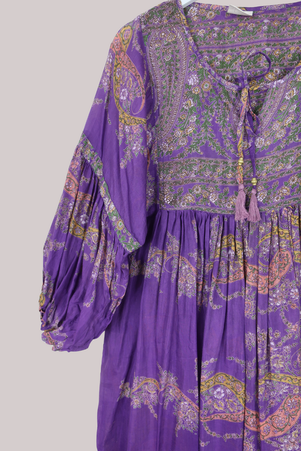 Daisy Vintage Cotton Midi Dress - Amethyst Purple Flower Crown Paisley - Size M/L