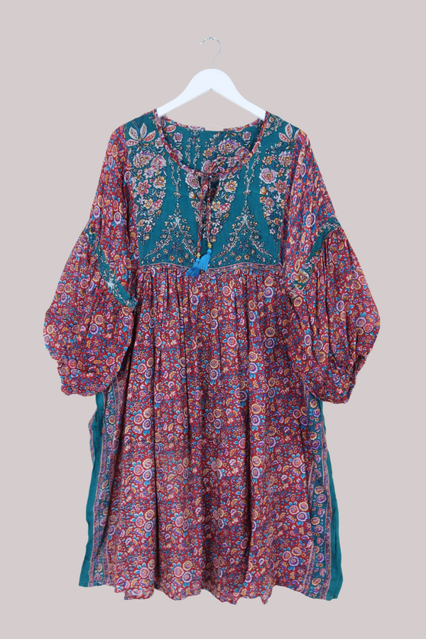 Daisy Vintage Cotton Midi Dress - Rosy Red & Jade Floral - Size XXL