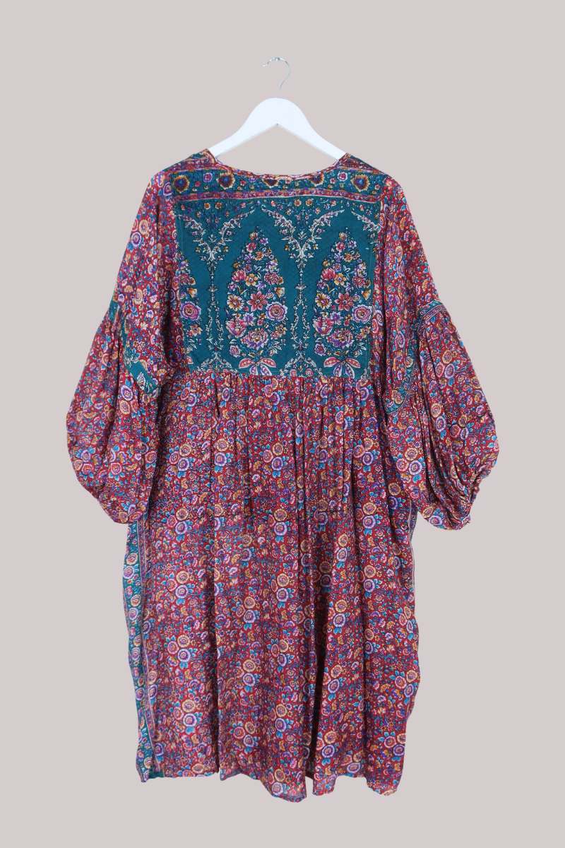 Daisy Vintage Cotton Midi Dress - Rosy Red & Jade Floral - Size XXL
