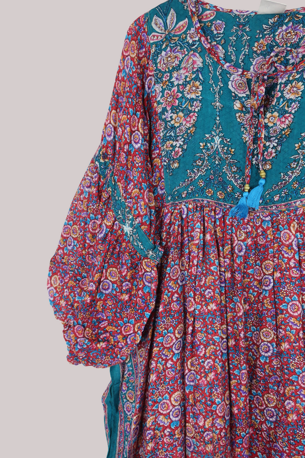 Daisy Vintage Cotton Midi Dress - Rosy Red & Jade Floral - Size XXL