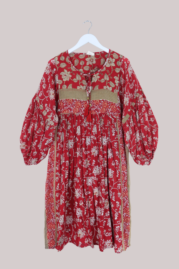 Daisy Vintage Cotton Midi Dress - Bright Red Indian Floral - Size M/L