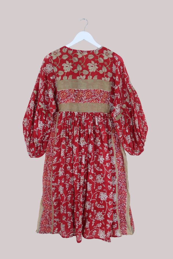 Daisy Vintage Cotton Midi Dress - Bright Red Indian Floral - Size M/L