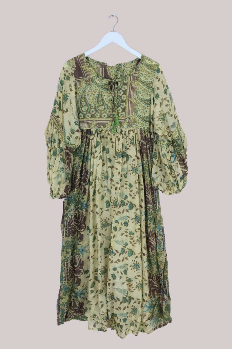Daisy Vintage Cotton Maxi Dress - Sage Green & Hazelnut Floral - Size XS