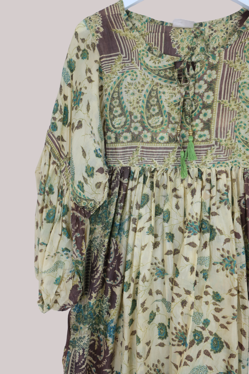Daisy Vintage Cotton Maxi Dress - Sage Green & Hazelnut Floral - Size XS