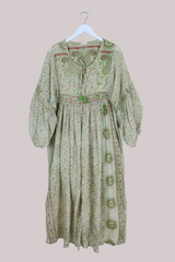 Daisy Vintage Cotton Maxi Dress - Pistachio Green Peacock Garden - Size XS