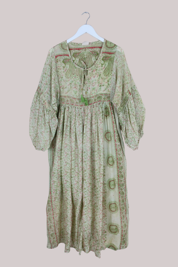 Daisy Vintage Cotton Maxi Dress - Pistachio Green Peacock Garden - Size XS