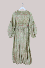 Daisy Vintage Cotton Maxi Dress - Pistachio Green Peacock Garden - Size XS