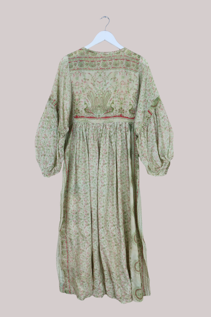 Daisy Vintage Cotton Maxi Dress - Pistachio Green Peacock Garden - Size XS