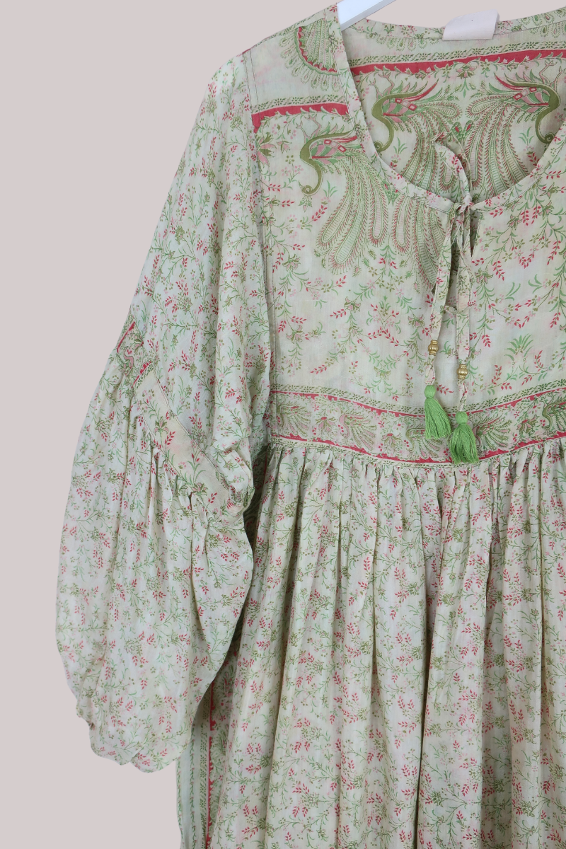 Daisy Vintage Cotton Maxi Dress - Pistachio Green Peacock Garden - Size XS