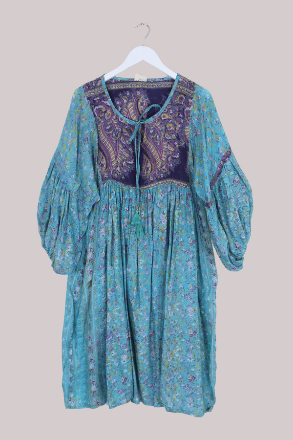 Daisy Vintage Cotton Midi Dress - Cerulean Blue Flower Meadow - Size S/M