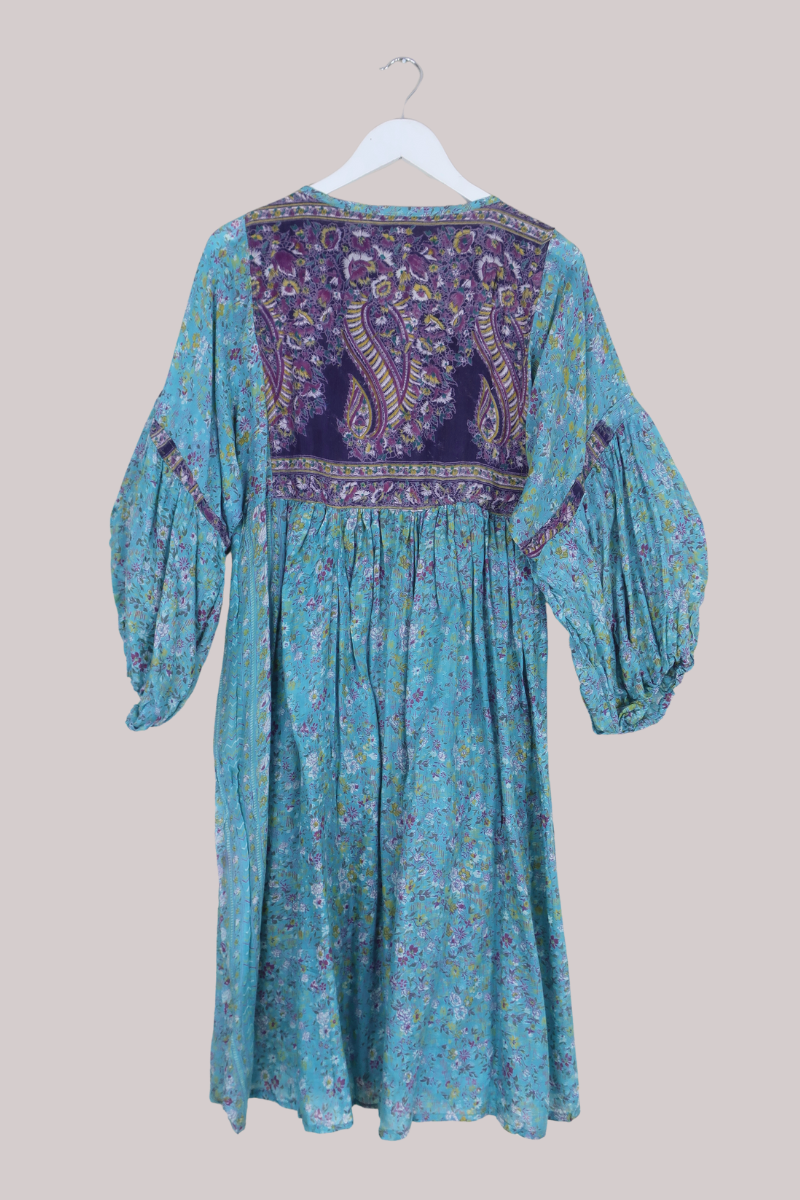Daisy Vintage Cotton Midi Dress - Cerulean Blue Flower Meadow - Size S/M