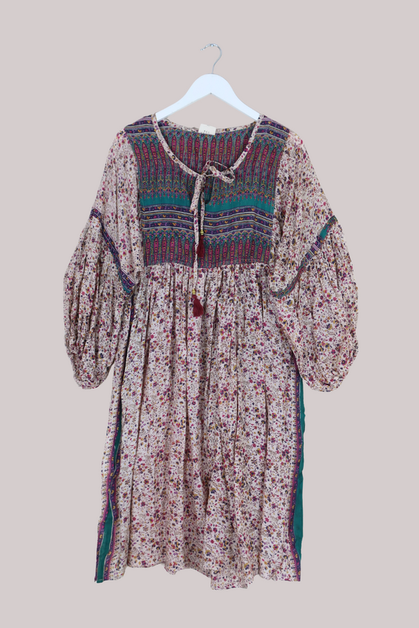 Daisy Vintage Cotton Midi Dress - Vanilla & Vibrant Berries Floral - Size S/M