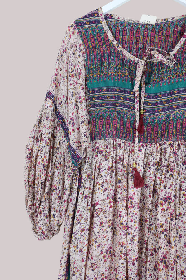 Daisy Vintage Cotton Midi Dress - Vanilla & Vibrant Berries Floral - Size S/M