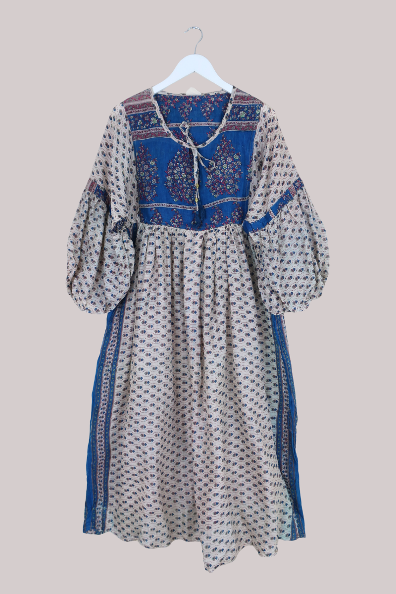 Daisy Vintage Cotton Maxi Dress - Warm White & Blue Floral - Size XS