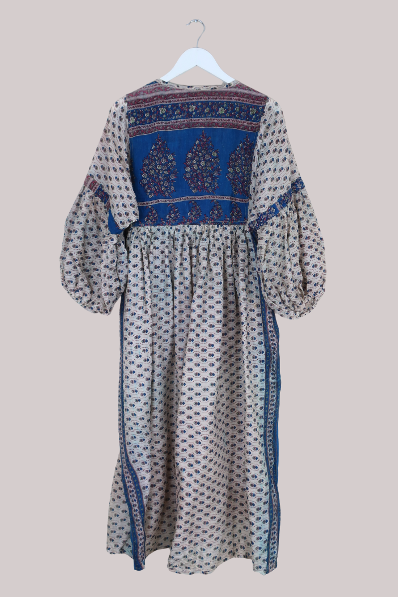 Daisy Vintage Cotton Maxi Dress - Warm White & Blue Floral - Size XS