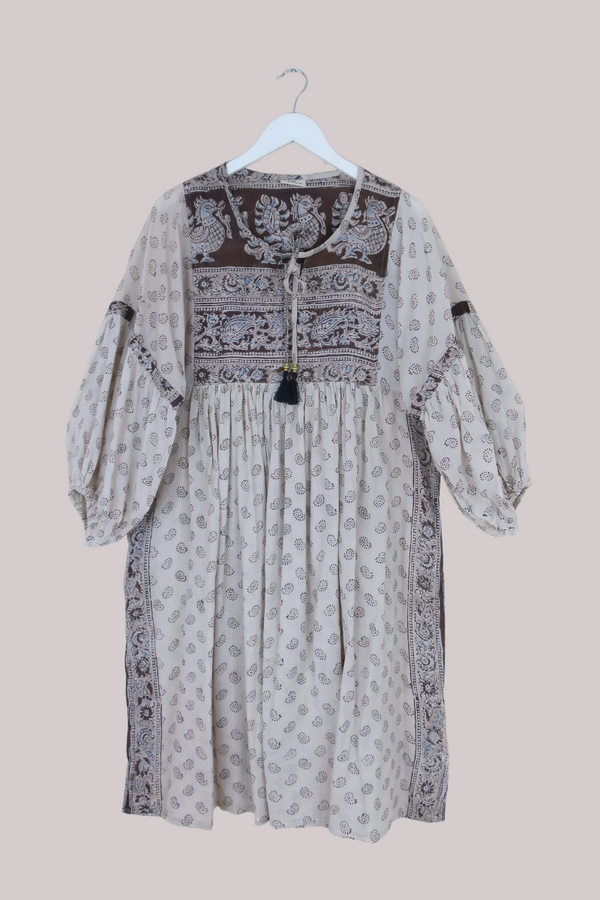Daisy Vintage Cotton Midi Dress - White, Brown & Earthy Blue Paisley - Size M/L