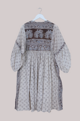 Daisy Vintage Cotton Midi Dress - White, Brown & Earthy Blue Paisley - Size M/L