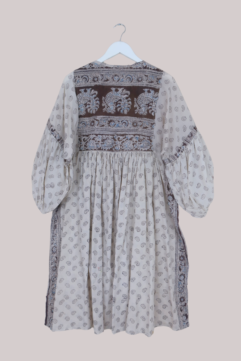 Daisy Vintage Cotton Midi Dress - White, Brown & Earthy Blue Paisley - Size M/L