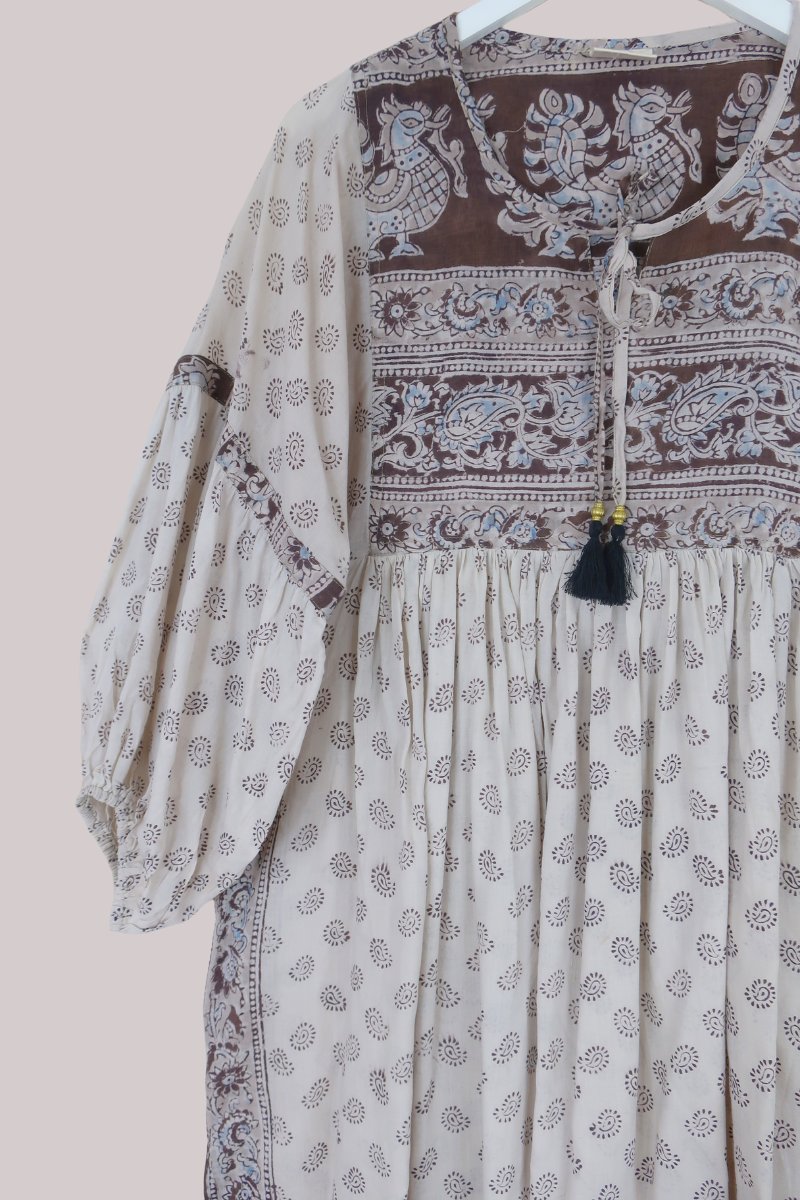 Daisy Vintage Cotton Midi Dress - White, Brown & Earthy Blue Paisley - Size M/L