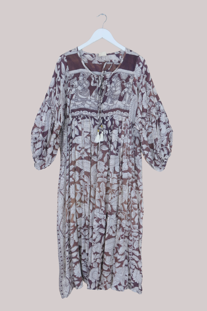 Daisy Vintage Cotton Maxi Dress - Pecan Brown & White Peacocks - Size M/L