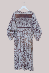 Daisy Vintage Cotton Maxi Dress - Pecan Brown & White Peacocks - Size M/L
