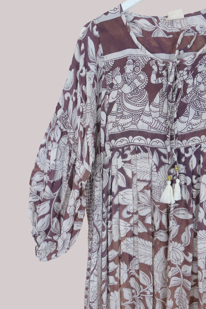 Daisy Vintage Cotton Maxi Dress - Pecan Brown & White Peacocks - Size M/L