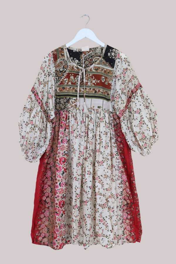 Daisy Vintage Cotton Midi Dress - Opal White & Rust Floral - Size M/L
