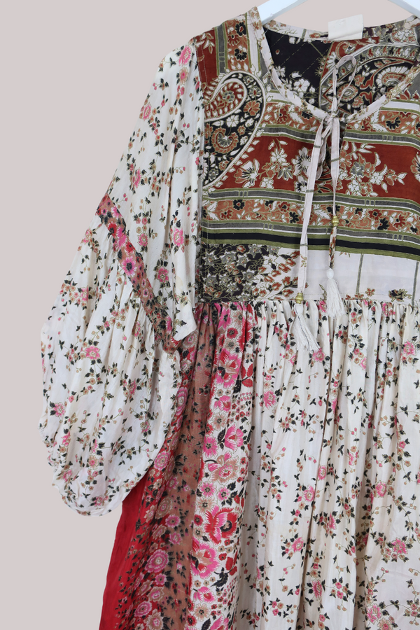 Daisy Vintage Cotton Midi Dress - Opal White & Rust Floral - Size M/L