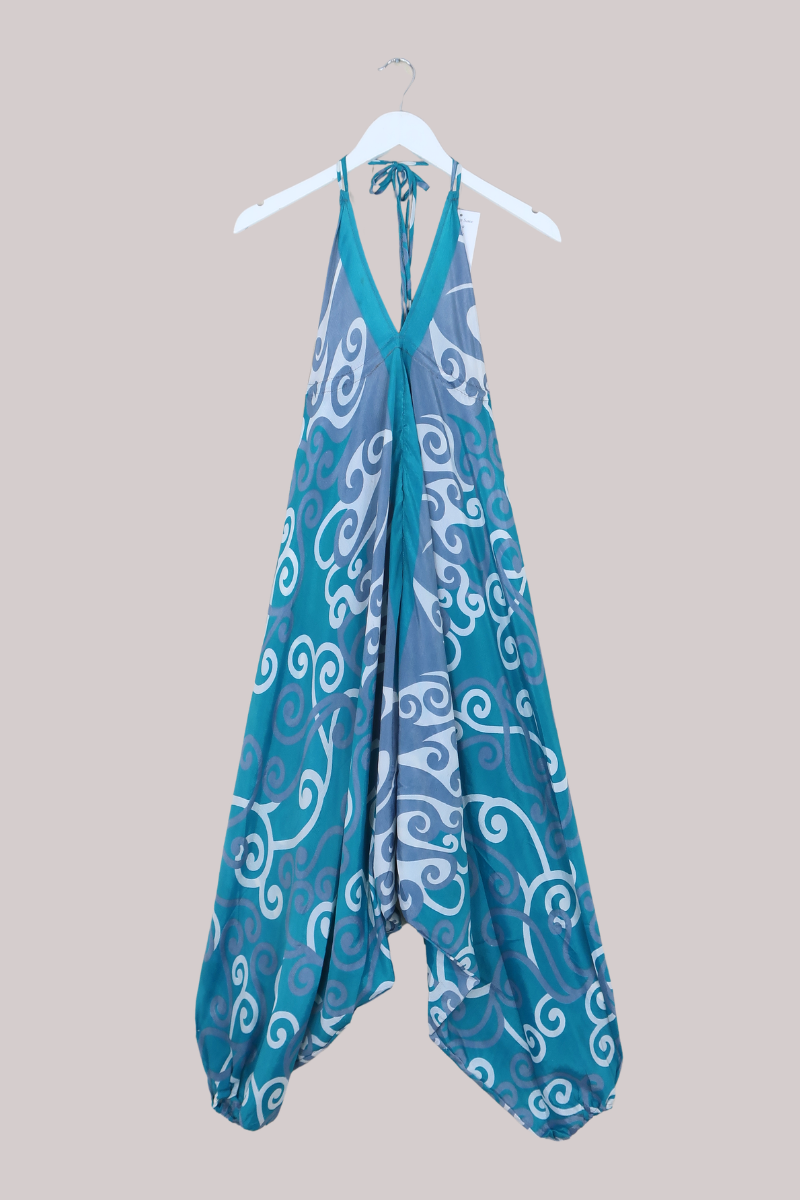 Medusa Harem Jumpsuit in Swirling Silver Lake - Free Size
