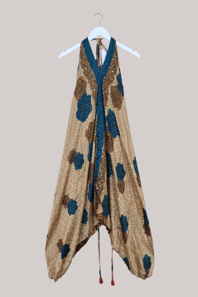 Medusa Harem Jumpsuit in White Gold & Turquoise Roses - Free Size L/XL