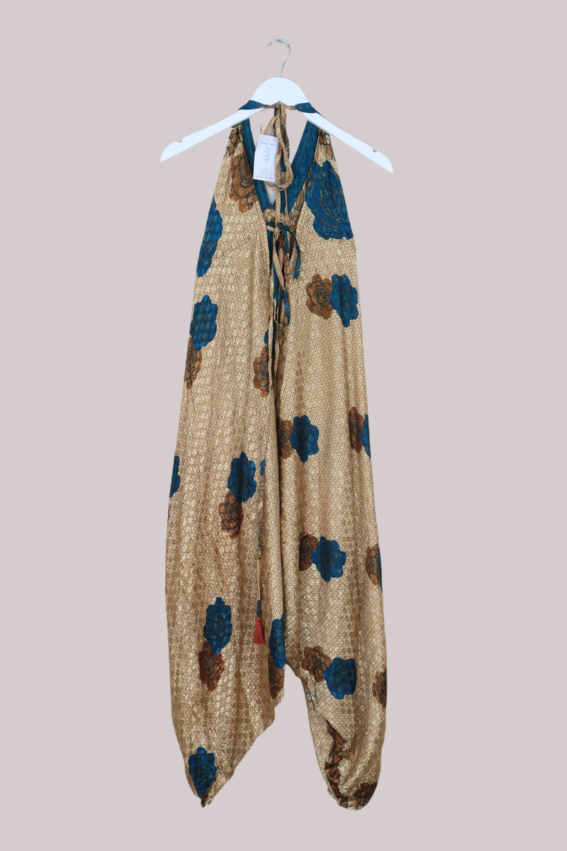 Medusa Harem Jumpsuit in White Gold & Turquoise Roses - Free Size L/XL