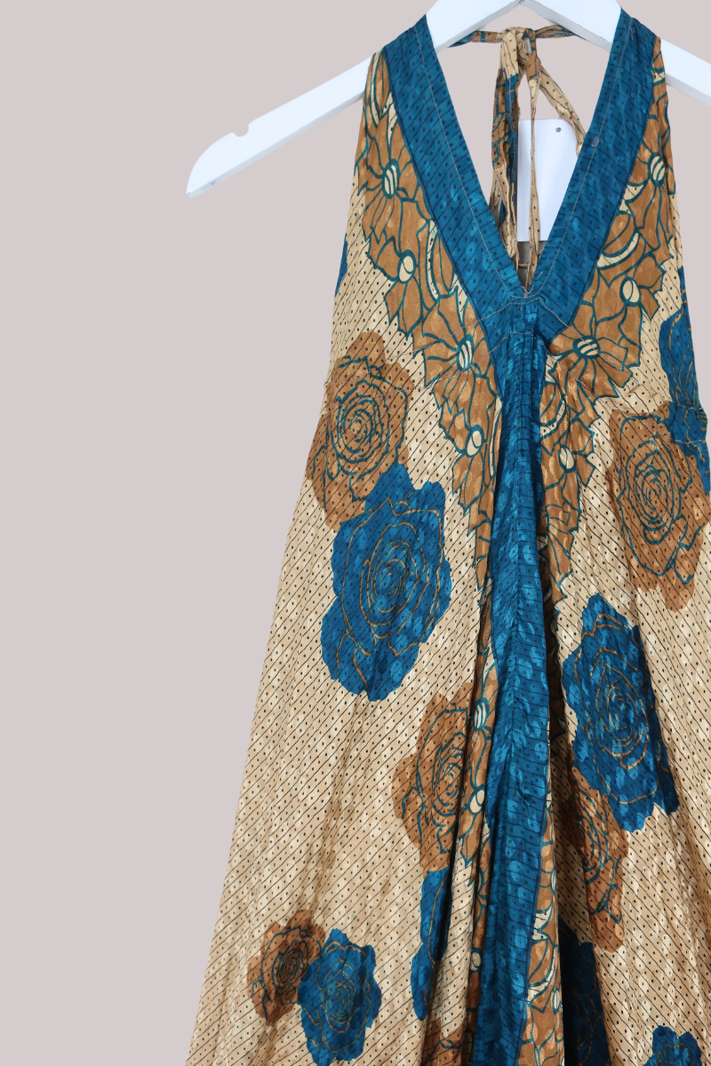 Medusa Harem Jumpsuit in White Gold & Turquoise Roses - Free Size L/XL