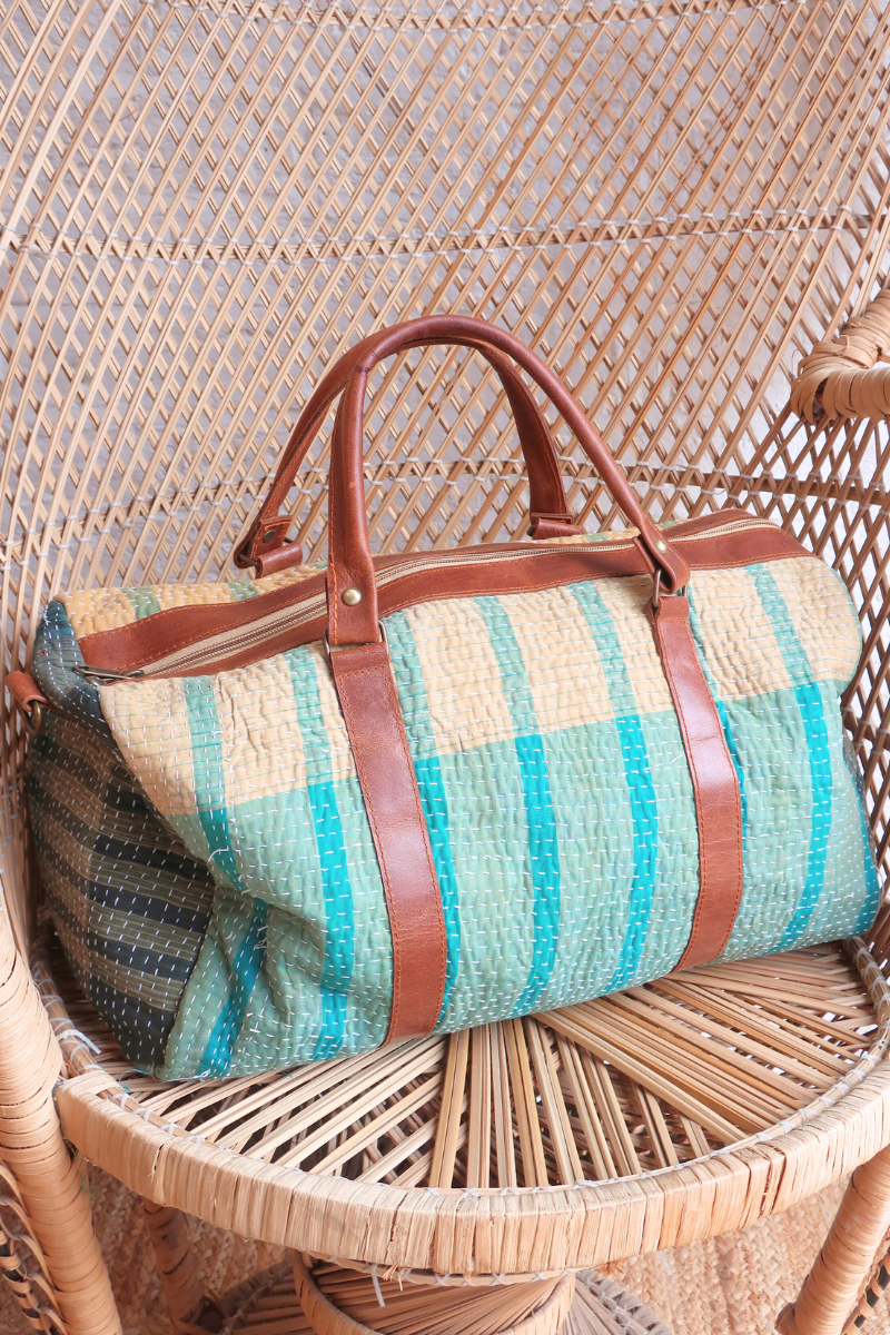 Vintage Kantha Holdall Bag in Turquoise & Sand