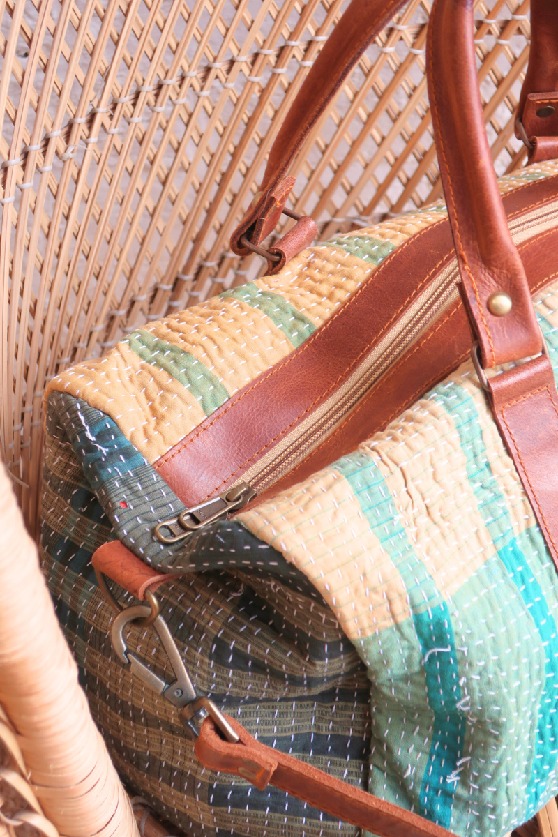 Vintage Kantha Holdall Bag in Turquoise & Sand